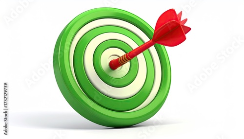 A 3D rendering of a red dart piercing the bullseye of a green and white target, set against a stark white background.  The image conveys accuracy and achievement