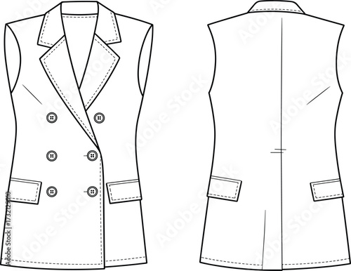 Flat fashion vector illustration of sleeveless long double breasted vest with collar, buttons, flap pockets, front and back garment design