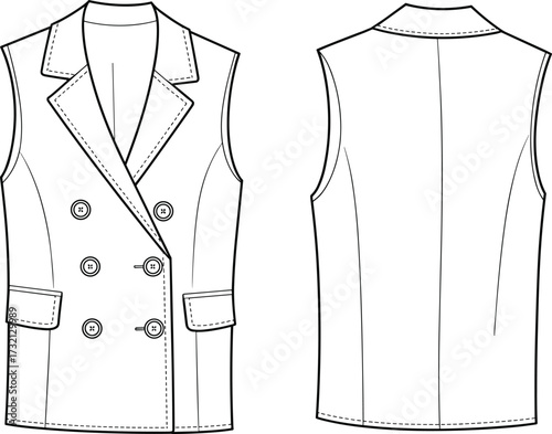 Flat fashion vector illustration of women’s sleeveless double-breasted vest with lapel collar, buttons, pockets, front and back technical sketch