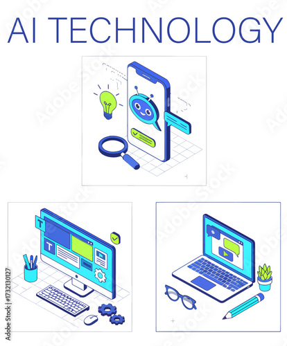 AI Technology Set: Workplaces with Artificial Intelligence Tools for Prompt Engineering and Content Generation - Vector Isometric Illustration