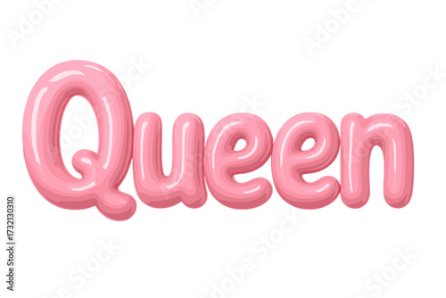 Queen 3d pink balloon text. Girly decorative inflatable font style. Cute realistic bubble gum typography for princess party. Isolated glossy alphabet lettering vector illustration.