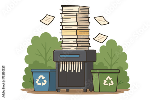 Paper shredder destroying a huge pile of documents. Concept for office paperwork, bureaucracy, data security, and recycling. Confidential information disposal. Recycle bins for waste. Flat vector.