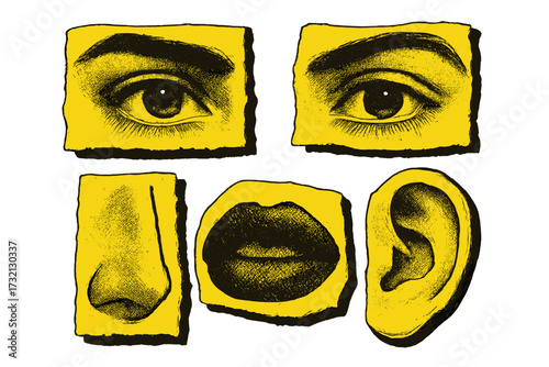 90s punk rock collage elements. Face parts set with eyes, nose, lips, and ear. Retro halftone dot texture. Vintage magazine clippings style vector art for zine culture.