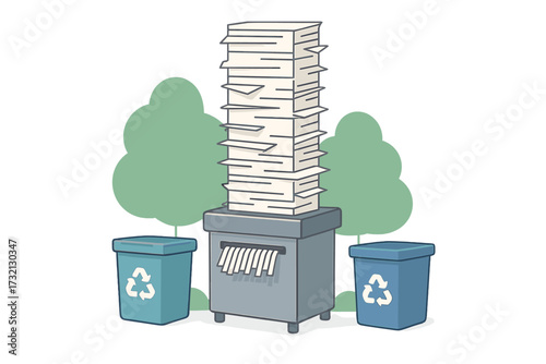 Recycling and data protection vector concept. Huge pile of documents and paperwork on a shredder. Office waste management, bureaucracy. Confidential information destruction.
