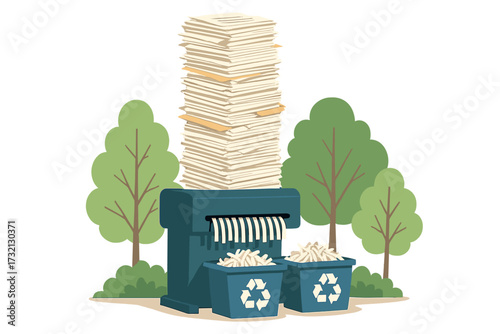 Paperwork reduction and recycling concept. Huge pile of documents on a shredder with recycle bins. Data destruction for security. Sustainable office and waste management vector.