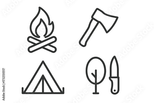 Camping gear & survival equipment outline icon set. Editable stroke vector collection with bonfire, axe, tent, tree, knife symbols. For adventure, hiking, outdoor travel concepts.
