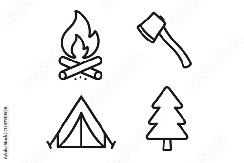 Camping and hiking outline icon set. Bonfire, axe, tent, and tree symbols for outdoor adventure and survival concepts. Minimalist vector line art with editable stroke.