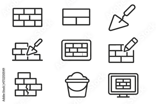 Brick wall construction icon set. Masonry and building work symbols. Outline vector icons for web, app, UI, UX design. Includes trowel, cement, and repair concepts.