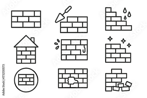 Brick wall line icon set for construction and building. Vector icons for renovation, masonry, repair, damage, and home building. Outline signs for web, apps, and design.