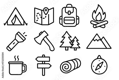 Camping icons set. Hiking outline pictograms. Outdoor adventure and travel symbols. Summer camp equipment collection. Nature tourism linear signs for web and mobile apps.