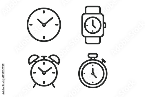 Time icon set. Clock, smartwatch, alarm, stopwatch symbols. Modern outline style for time management concepts. Vector linear pictograms for UI UX, web design, apps. Watch.