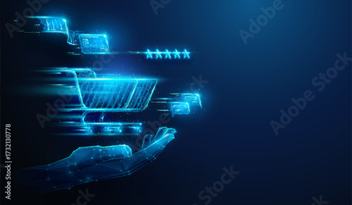 Lowpoly Hand Holding a Shopping Cart with 5 Star Rating, Credit Card and Chat Bubbles.Abstract Illustration on Online Shopping in Black Friday Sales Season Concept by Wireframe Mesh on Blue Background