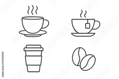 Coffee and tea line icon set. Vector symbols of hot drink, cup, mug, to-go paper cup and coffee beans. Minimalist outline pictogram for cafe menu, app, infographics.