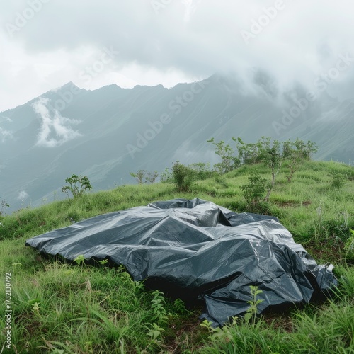 A black plastic sheet lies on a verdant hillside, misty mountains forming a dramatic backdrop under a cloudy sky
