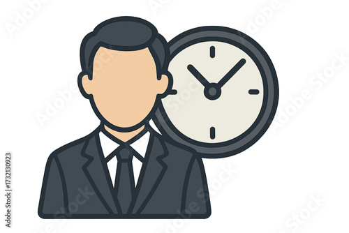 Businessman and clock icon concept. Time management, deadline, and productivity. Faceless man avatar for business apps. Professional work schedule vector illustration.