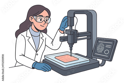 Scientist creating artificial skin with 3D bioprinter. Biotechnology and tissue engineering concept. Female researcher in lab, futuristic medical experiment vector illustration.