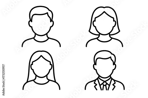 Faceless person outline icon set. Anonymous user avatar collection. Male and female head silhouette for web profile. Simple business people vector illustration for graphic design.