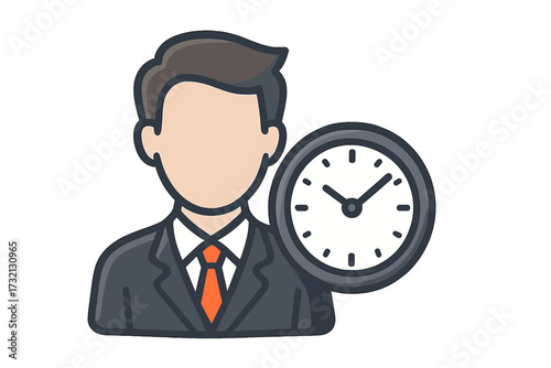 Time management concept. Businessman and clock icon. Working hours, deadline, and schedule symbol. Employee productivity and punctuality. Corporate professional vector illustration.