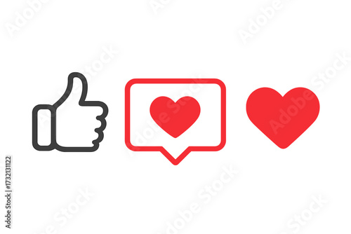 Social media icons set with like, thumb up and heart symbols. Live stream video, chat and likes concept. Red heart web buttons for social network engagement and approval.