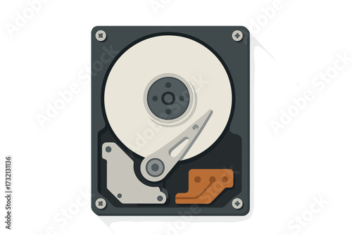 Hard disk drive internal computer component. PC hardware equipment for data storage concept. Hdd memory device top view flat vector illustration icon with long shadow isolated.