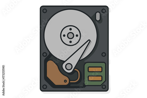 Hard disk internal computer component top view. Flat vector illustration of PC hardware equipment. Concept for data storage, memory, technology, and database server part.