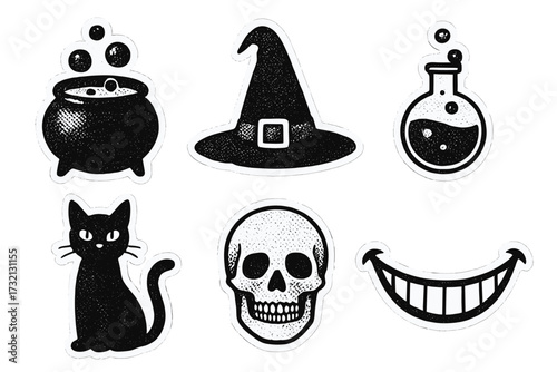 Witchcraft and Halloween icon set with halftone collage paper stickers. Features a spooky cauldron, witch hat, black cat, magic potion, creepy skull and scary smile vector elements.