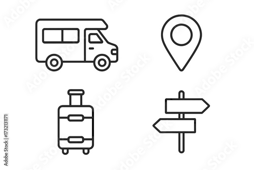 Travel and vacation icon set. Motorhome, map pin, baggage, and direction pointer icons. Thin line vector illustration for road trips, camping, and navigation concepts. Editable stroke.