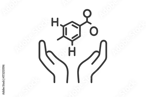 Hands hold chemical molecule structure. Science and chemistry concept. Vector line art for research, pharma, biotechnology. Neurotransmitter, dopamine, hormone symbol illustration.