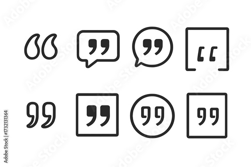 Quotes icon set. Quotation mark symbol collection. Vector line and glyph icons for citation, comment, testimonials. Speech bubble, dialogue box and typography elements design.
