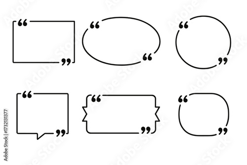 Quote box frame big set. Blank template for text and comments. Testimonial bubbles and quotation mark borders for social media posts, blogs, and banners. Vector graphic icons.
