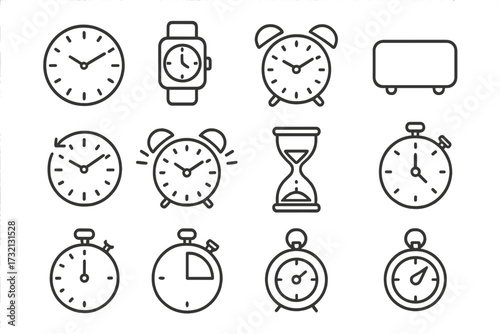 Clock and time line icon set. Vector outline icons of wall clock, smartwatch, alarm, stopwatch, timer, and hourglass for web design, apps, and infographics. Time management concept.