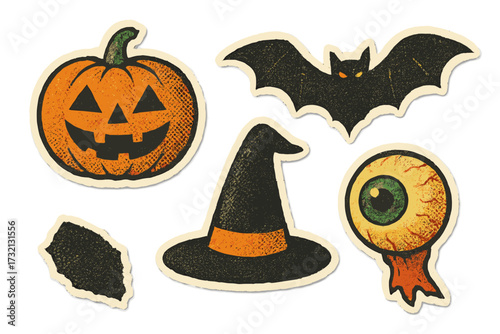 Halloween retro sticker pack with halftone paper texture. Vintage 90s collage elements. Spooky torn pumpkin, bat, witch hat, and eyeball icons for scrapbooking design.