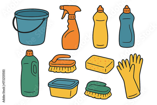 Set of household cleaning supplies isolated icons. Hand drawn flat style vector illustrations. Washing tools, bucket, chemistry, spray, brush, sponge, and rubber gloves.