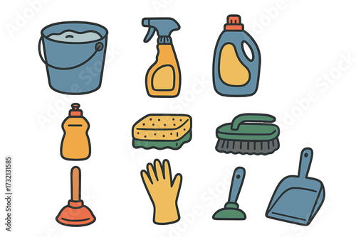Household cleaning supplies icon set. Hand drawn flat vector illustrations of washing tools, bucket, detergent, chemistry, sponge, brush. Housework and hygiene graphic concept.