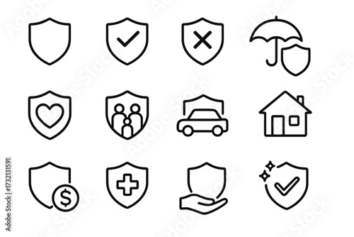 Set of insurance and protection line icons. Vector shield symbols for security, safety, and guarantee. Health, life, family, car, and home insurance outline pictograms.