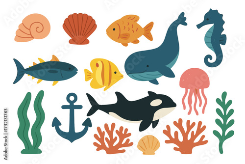 Cute sea animals collection. Flat vector icons set with whale, fish, orca, jellyfish, seahorse, shell, coral, seaweed, anchor. Underwater marine life for kids. Paper cut style.