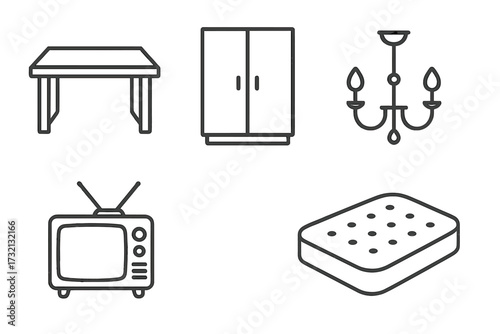Furniture line icon set. Home interior objects collection. Table, closet, chandelier, TV, mattress outline symbols. Editable stroke vector graphic for web and infographic design.