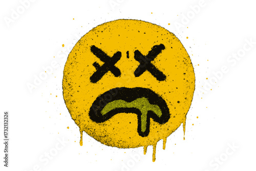 Sick face graffiti emoticon. Yellow dead smile icon. Urban street art symbol. Sprayed unhealthy emoji with drips and splashes. Dizzy, poisoned, unwell concept. Vector illustration.