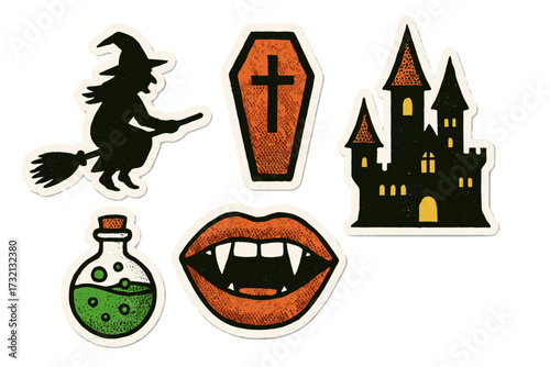 Vector set Halloween symbols in halftone collage style. Dotted sticker illustration with witch, coffin, vampire mouth, haunted castle, and potion. Vintage 90s spooky design elements.