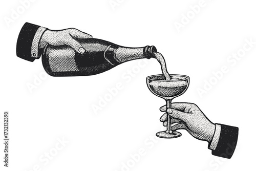 Vintage New Year party concept with hands pouring champagne. Retro illustration of a man in a suit holding a bottle and a glass. Elegant toast for celebration, anniversary, or event.