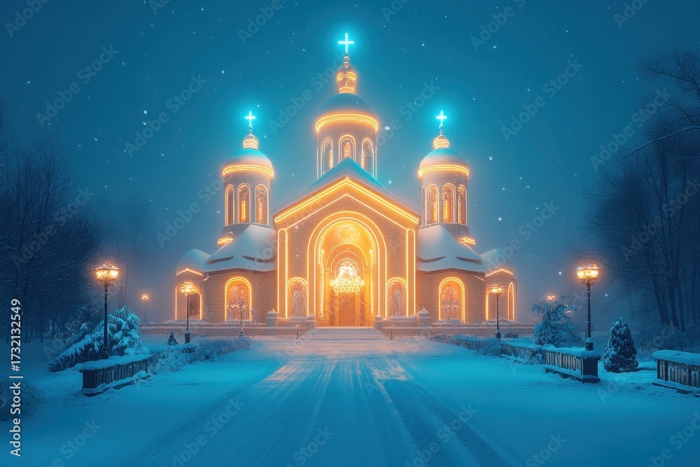 Obraz premium Snow-covered church illuminated at night.