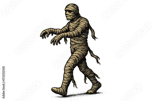 Walking mummy vector illustration for Halloween. Scary undead monster in vintage halftone dot style. Retro 90s grunge horror creature clipart. Ancient Egyptian zombie design.