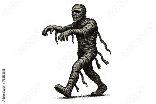 Scary walking mummy. Halloween horror monster concept. Ancient undead creature in vintage 90s grunge halftone style. Retro dotwork pharaoh from Egypt. Vector character illustration.