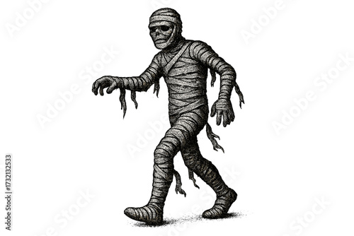 Walking mummy Halloween horror character. Halftone dotted realistic clipart. Offset texture vintage illustration in 90s grunge style. Spooky undead monster vector cartoon.