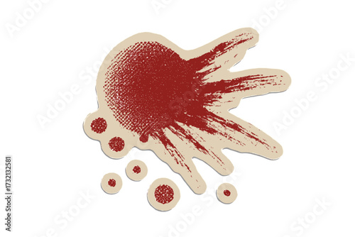 Blood stain horror halftone mixed media collage paper sticker. Red paint splash. Grunge dotted vintage illustration in 90s zine style. Vector cartoon crime scene graphic element.