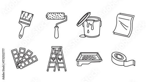 Set of home improvement icons simple line art vector illustration of painting and renovation tools isolated on white background