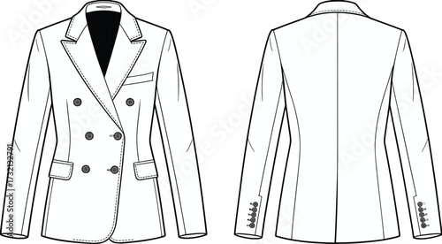 Technical Flat Fashion Sketch of Double Breasted Blazer Jacket with Tailoring Details, Front and Back Views for Design Template