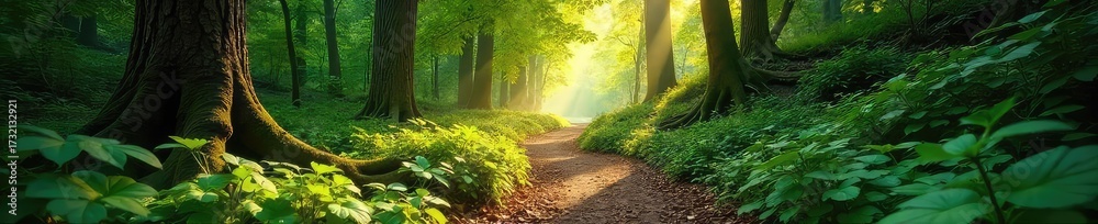 Fototapeta premium Sun-dappled path winding through a lush, vibrant forest, sunlight filtering through the canopy, creating dappled light on the forest floor , stillness, fauna, quiet
