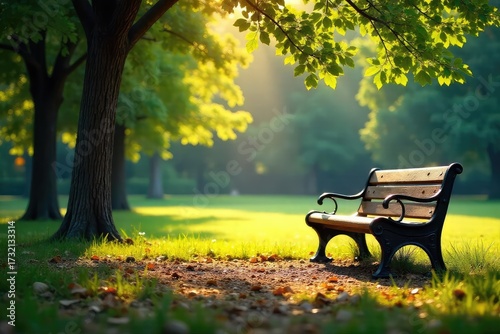 Sunlight streams through leaves onto a park bench, highlighting the dappled shadows and inviting serenity of a daytime visit , calm, repose