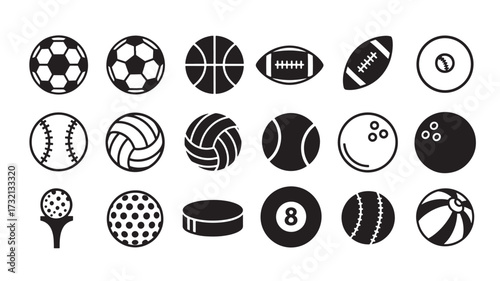 Set of various sport ball icons simple flat vector glyph design isolated on white background for app and web design
